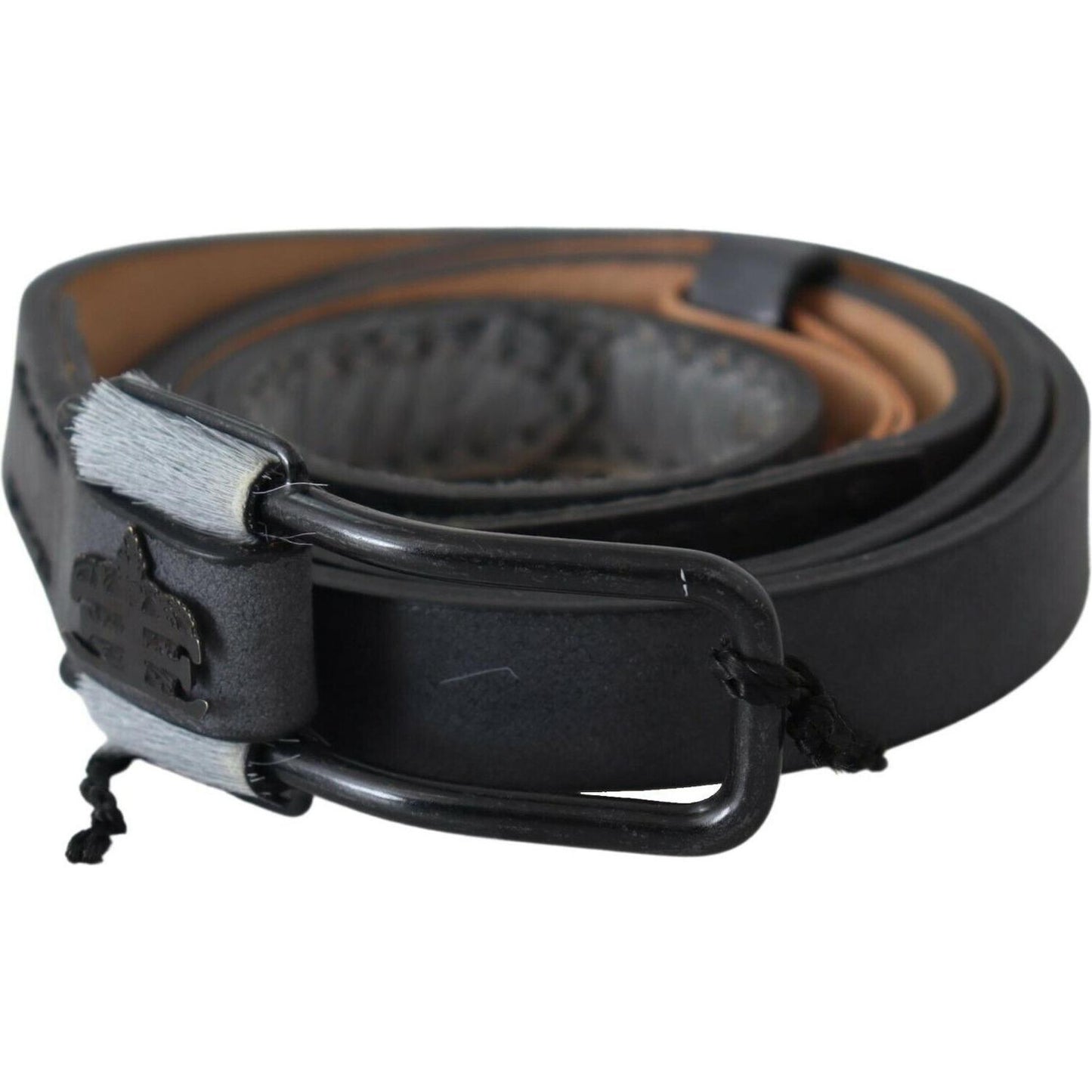 Ermanno Scervino Black Leather Fringes Logo Buckle Belt