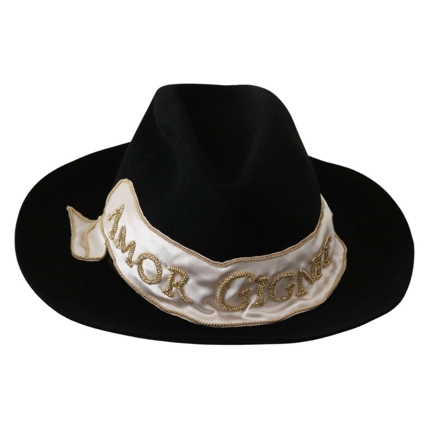 Dolce & Gabbana Black Lapin Amor Gignit Wide Brim Panama Hat