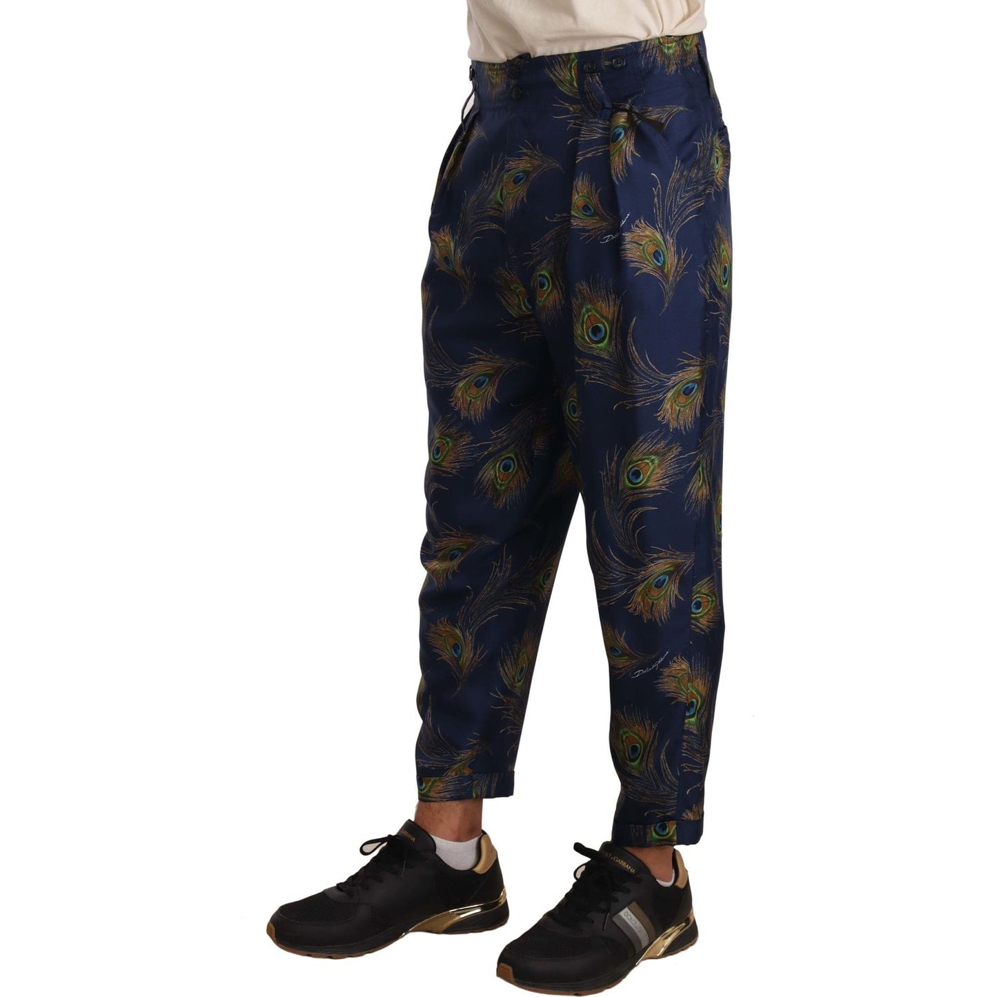 Exquisite Peacock Print Silk Trousers