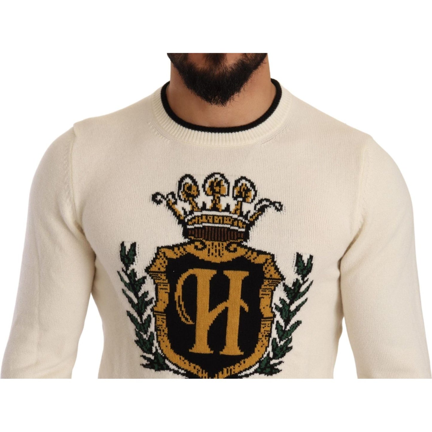 Dolce & Gabbana Elegant Snow-White Heraldic Cashmere Sweater Dolce & Gabbana