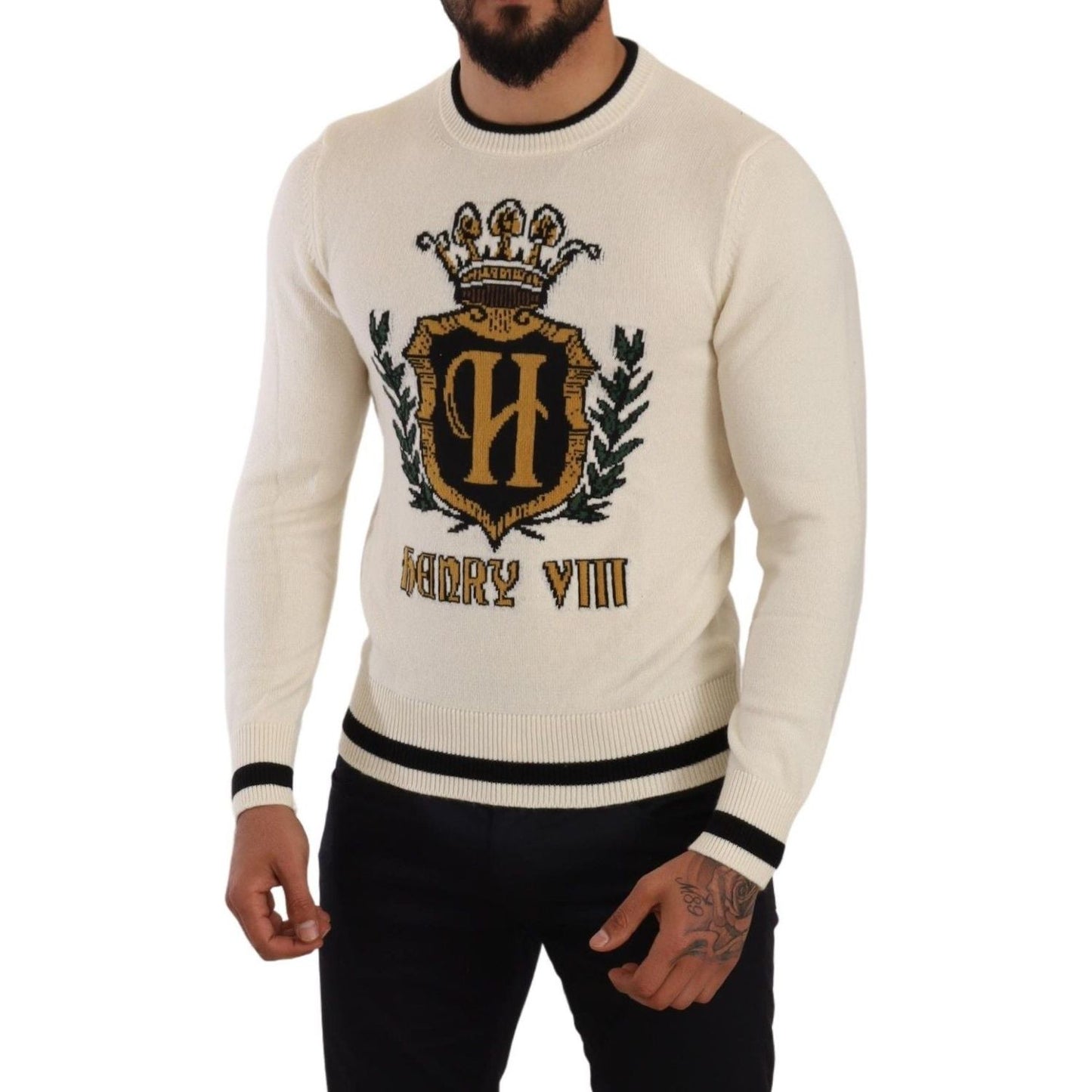 Dolce & Gabbana Elegant Snow-White Heraldic Cashmere Sweater Dolce & Gabbana