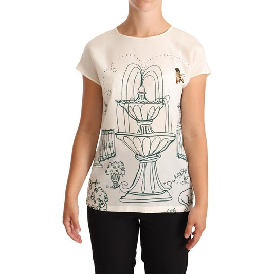 Dolce & Gabbana White Silk Garden Fountain T-Shirt Blouse