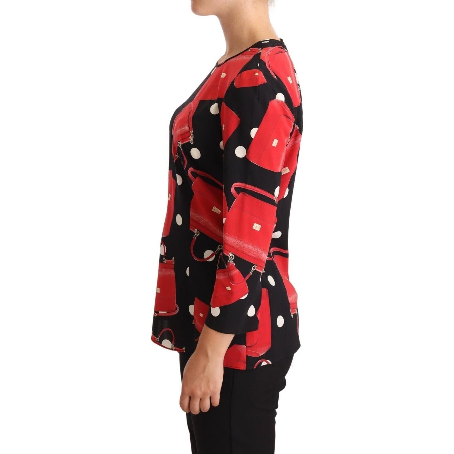Dolce & Gabbana Black Sicily Bag Print Silk Stretch Top Blouse