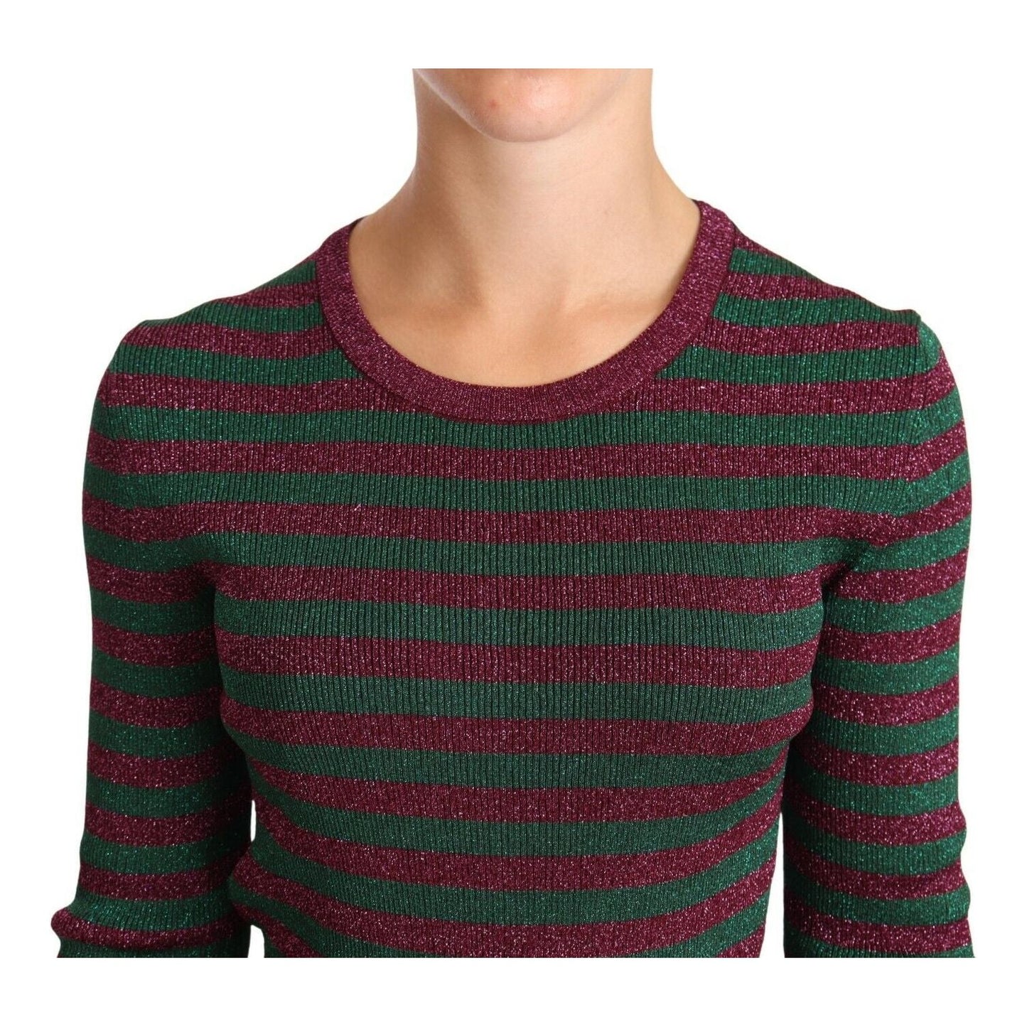 Dolce & Gabbana Elegant Maroon and Green Striped Crewneck Sweater WOMAN SWEATERS Dolce & Gabbana