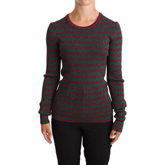 Dolce & Gabbana Elegant Maroon and Green Striped Crewneck Sweater WOMAN SWEATERS Dolce & Gabbana