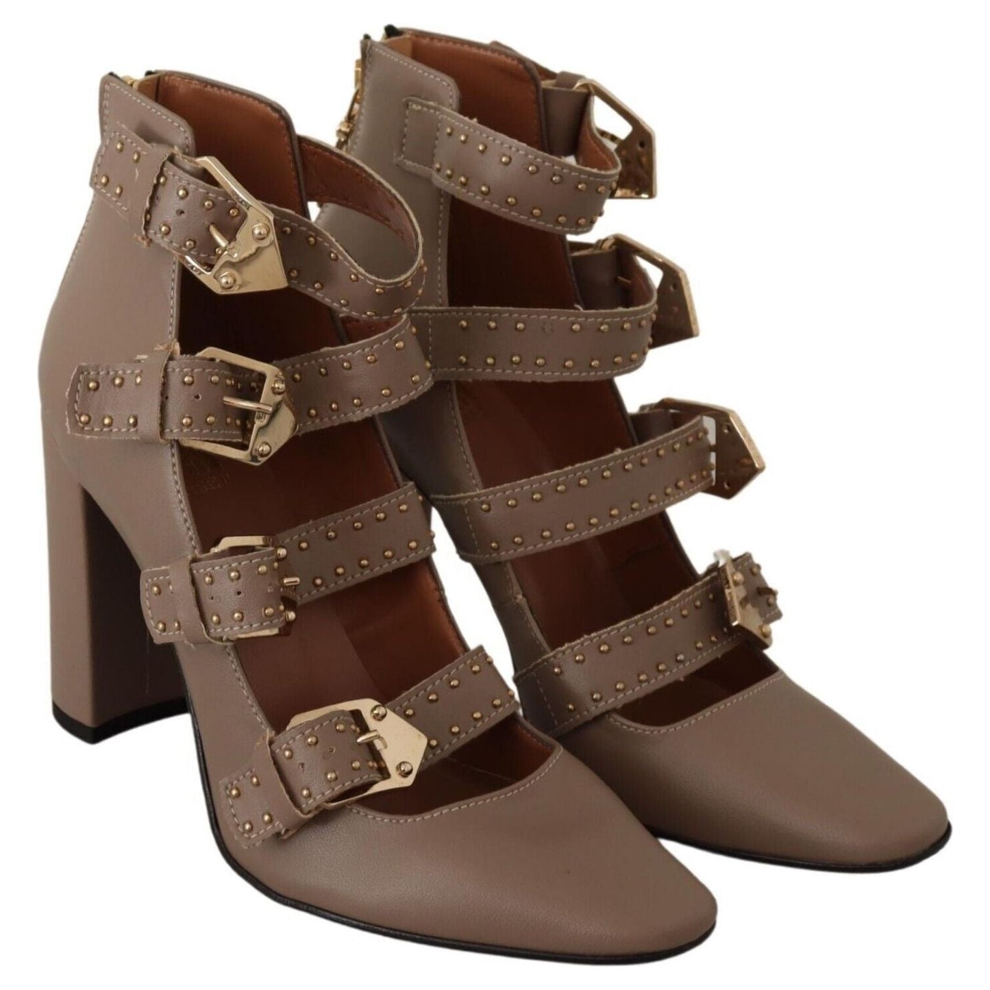 MY TWIN Brown Leather Block Heels Multi Buckle Pumps Shoes