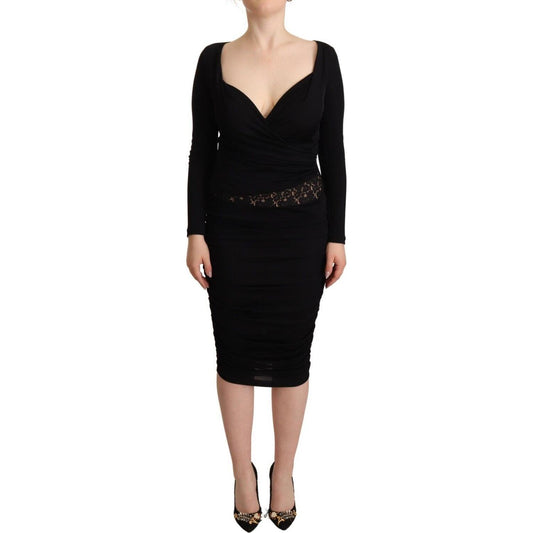 GF Ferre Black Long Sleeves Sweetheart Neck Midi Dress