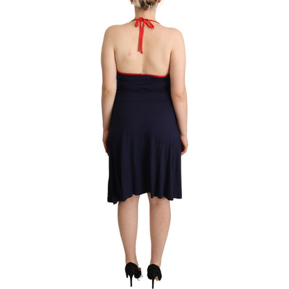 Roccobarocco Navy Blue Sleeveless Halter Sheath Midi Dress