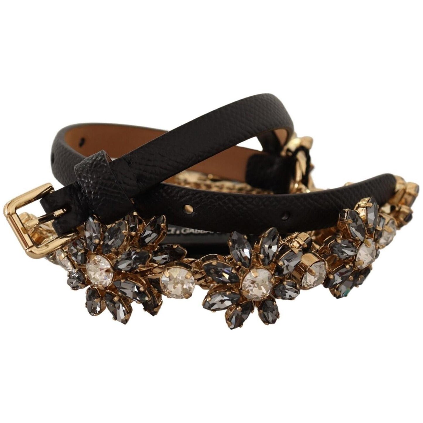 Dolce & Gabbana Black Daisy Crystal Dauphine Texture Belt