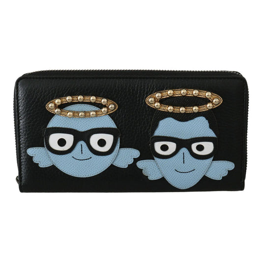Dolce & Gabbana Black Blue Leather #DGFAMILY Zipper Continental Wallet