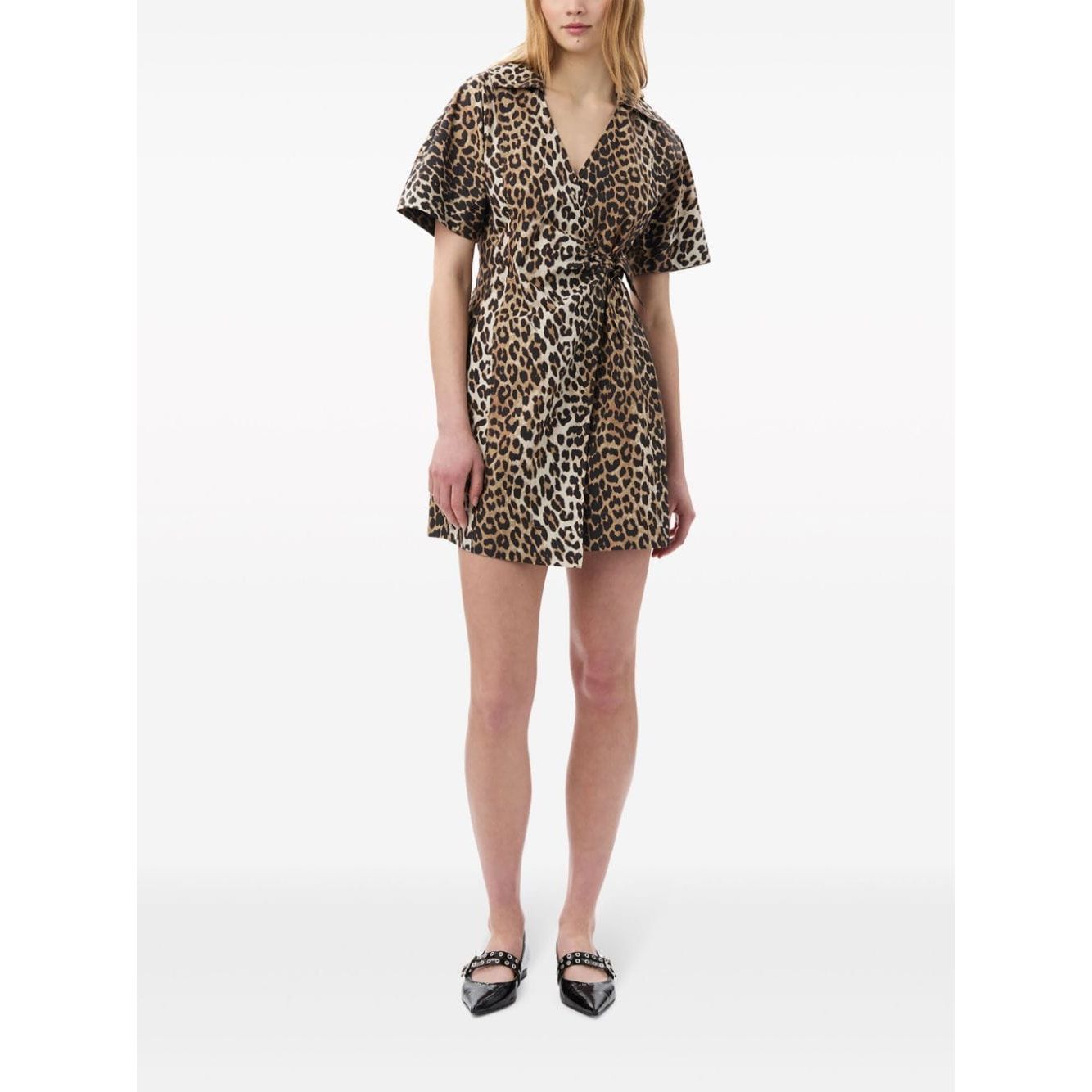 Ganni leopard print cotton wrap mini dress