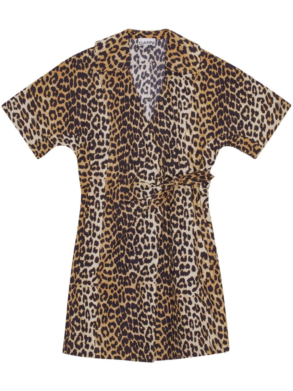 Ganni leopard print cotton wrap mini dress