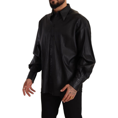Dolce & Gabbana Black Leather Button Down Men Collared Jacket
