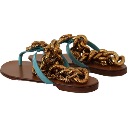 Dolce & Gabbana Blue Leather Devotion Flats Sandals