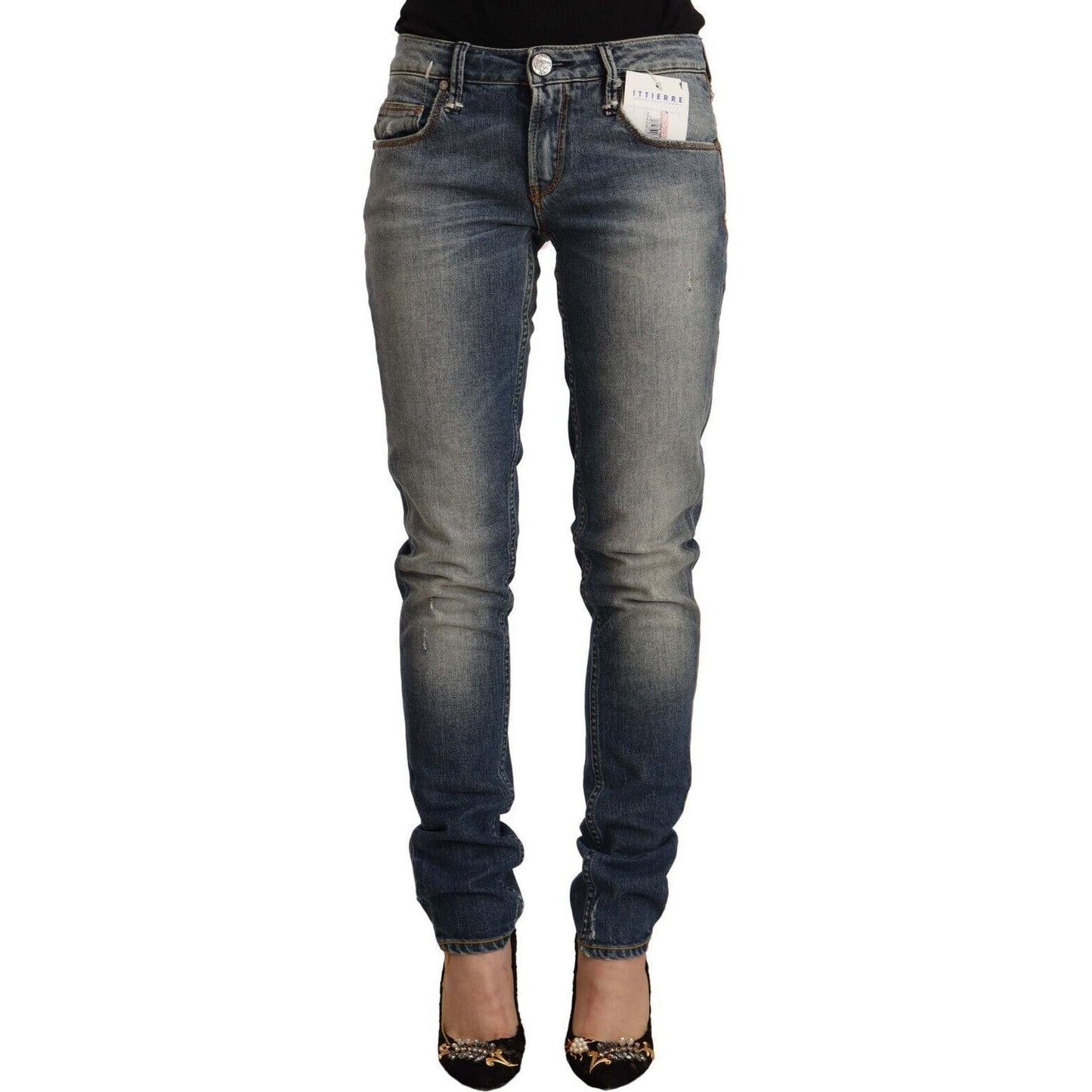 Acht Blue Washed Skinny Cotton Blend Jeans Acht Dark Slate Gray