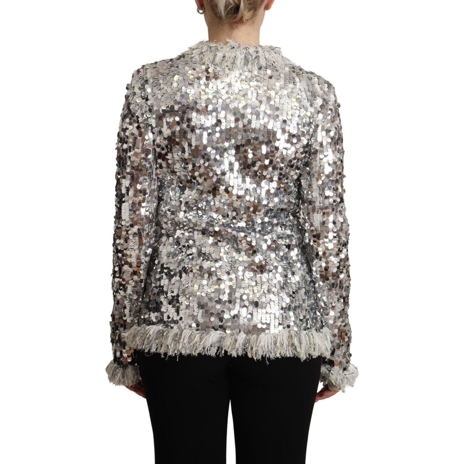 Dolce & Gabbana Silver Sequined Shearling Long Sleeves Jacket