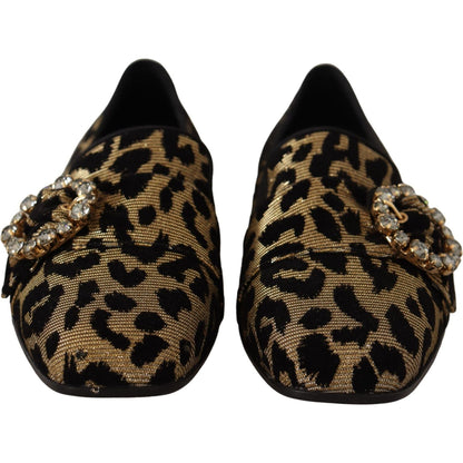 Dolce & Gabbana Gold Leopard Print Crystals Loafers Shoes