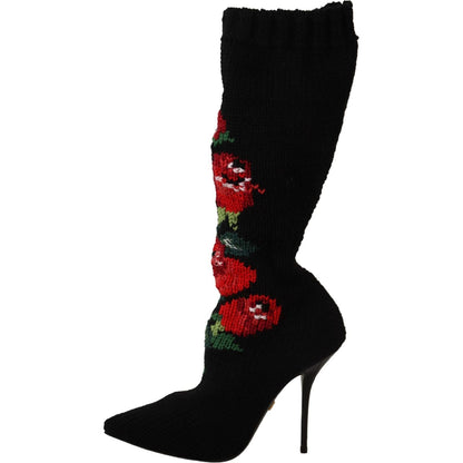 Dolce & Gabbana Black Stretch Socks Red Roses Booties Shoes