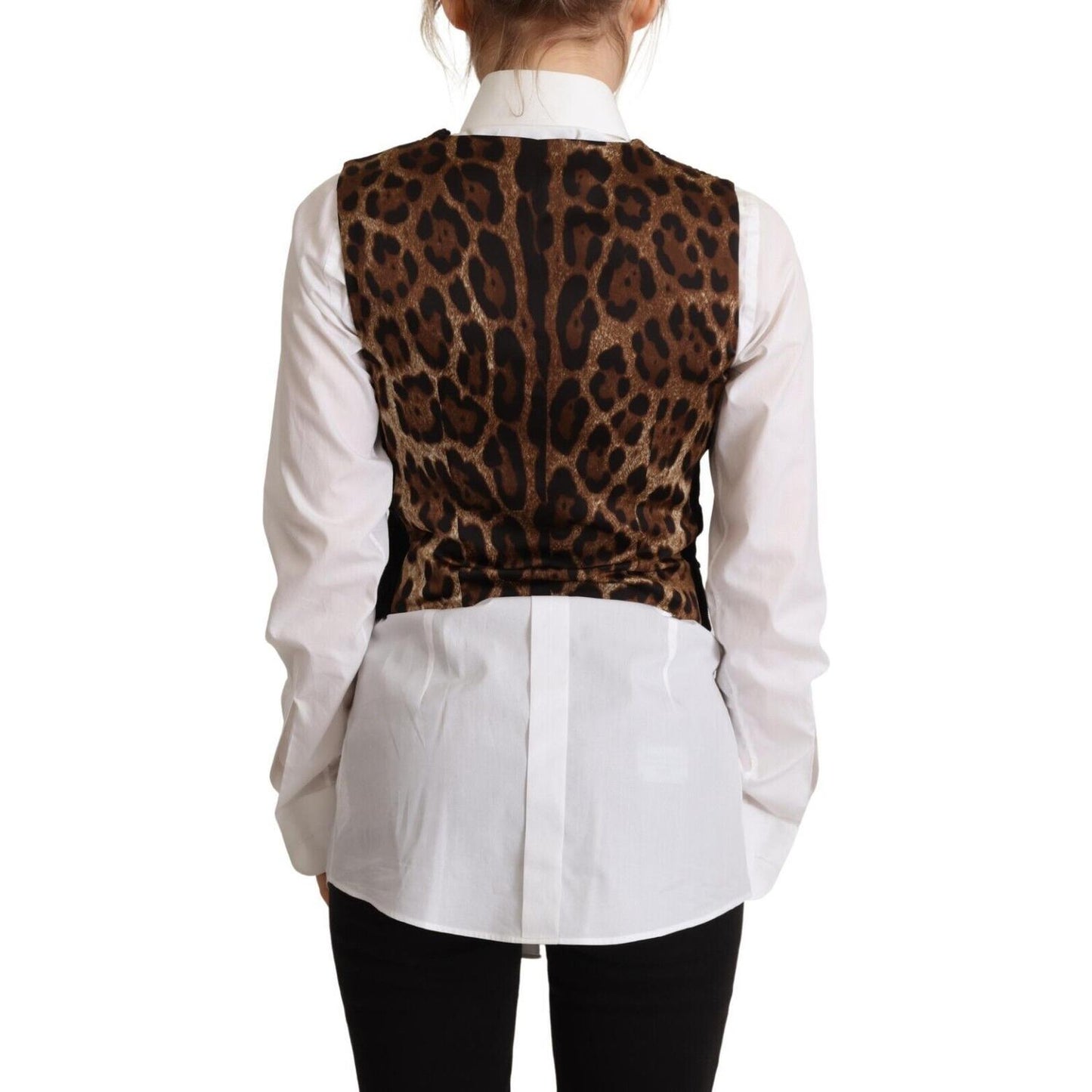 Dolce & Gabbana Black V-neck Leopard Corduroy Button Vest Top
