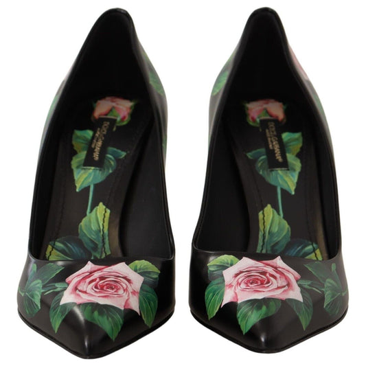 Dolce & Gabbana Elegant Black Rose Print Leather Heels Dolce & Gabbana