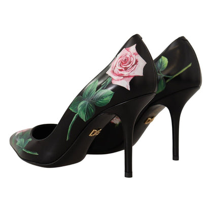 Dolce & Gabbana Black Leather Roses High Heels Pumps Shoes