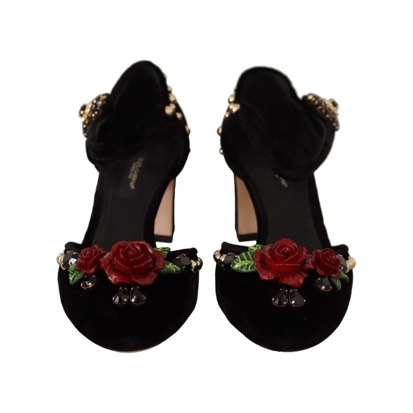 Dolce & Gabbana Black Crystal Rose Heel Sandals Dolce & Gabbana