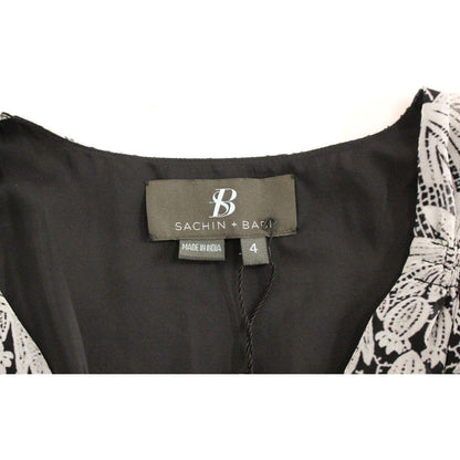 Sachin & Babi Black Silk Floral Pattern Shift Coctail Dress