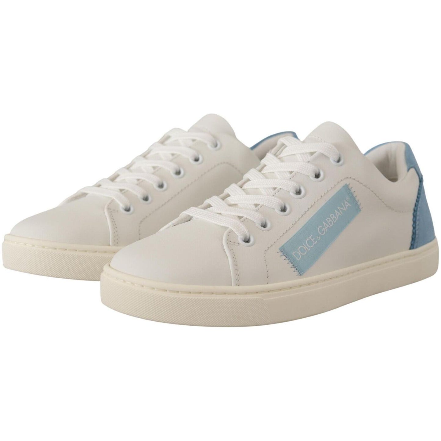 Dolce & Gabbana White Blue Leather Low Top Sneakers Shoes