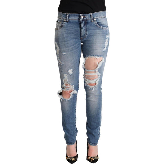 Dolce & Gabbana Blue Distressed Cotton Denim Skinny Jeans