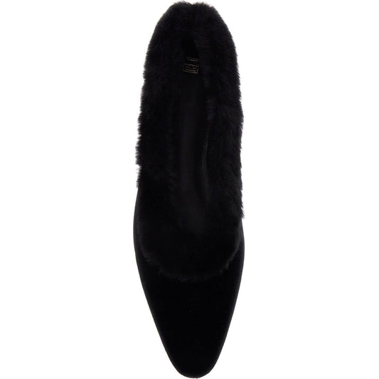 Toteme black velvet ballerinas with shearling trim