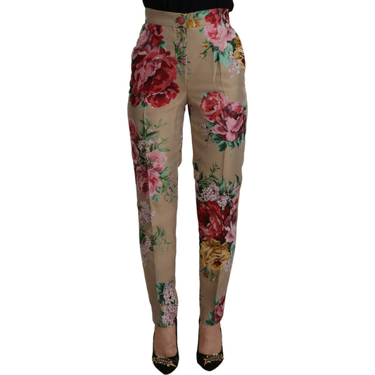 Dolce & Gabbana Beige Floral Dress Formal High Waist Pants