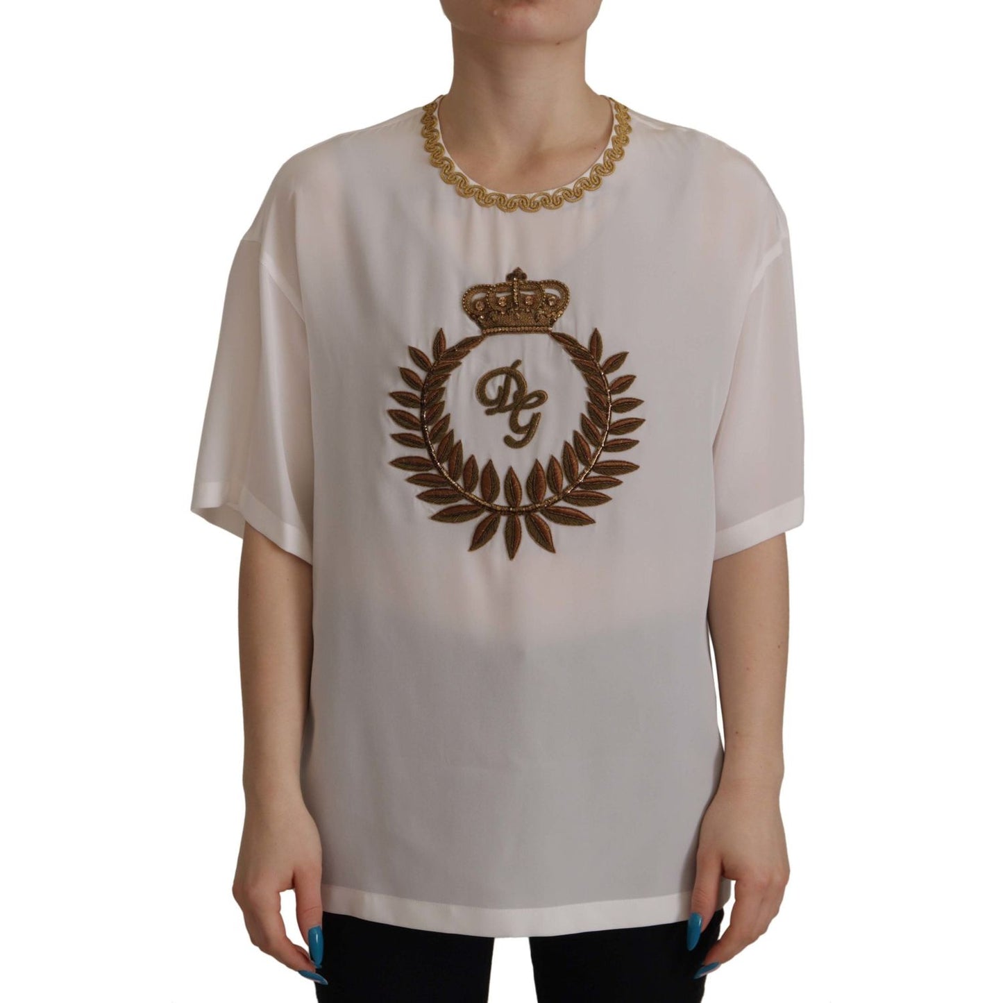 Dolce & Gabbana Elegant Silk Blouse with Gold Crown Embroidery Dolce & Gabbana