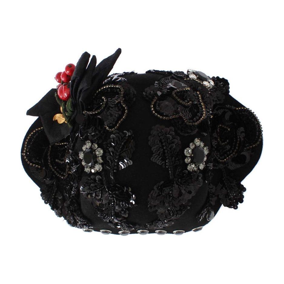 Dolce & Gabbana Elegant Black Crystal-Adorned Cloche Hat Cap Dolce & Gabbana