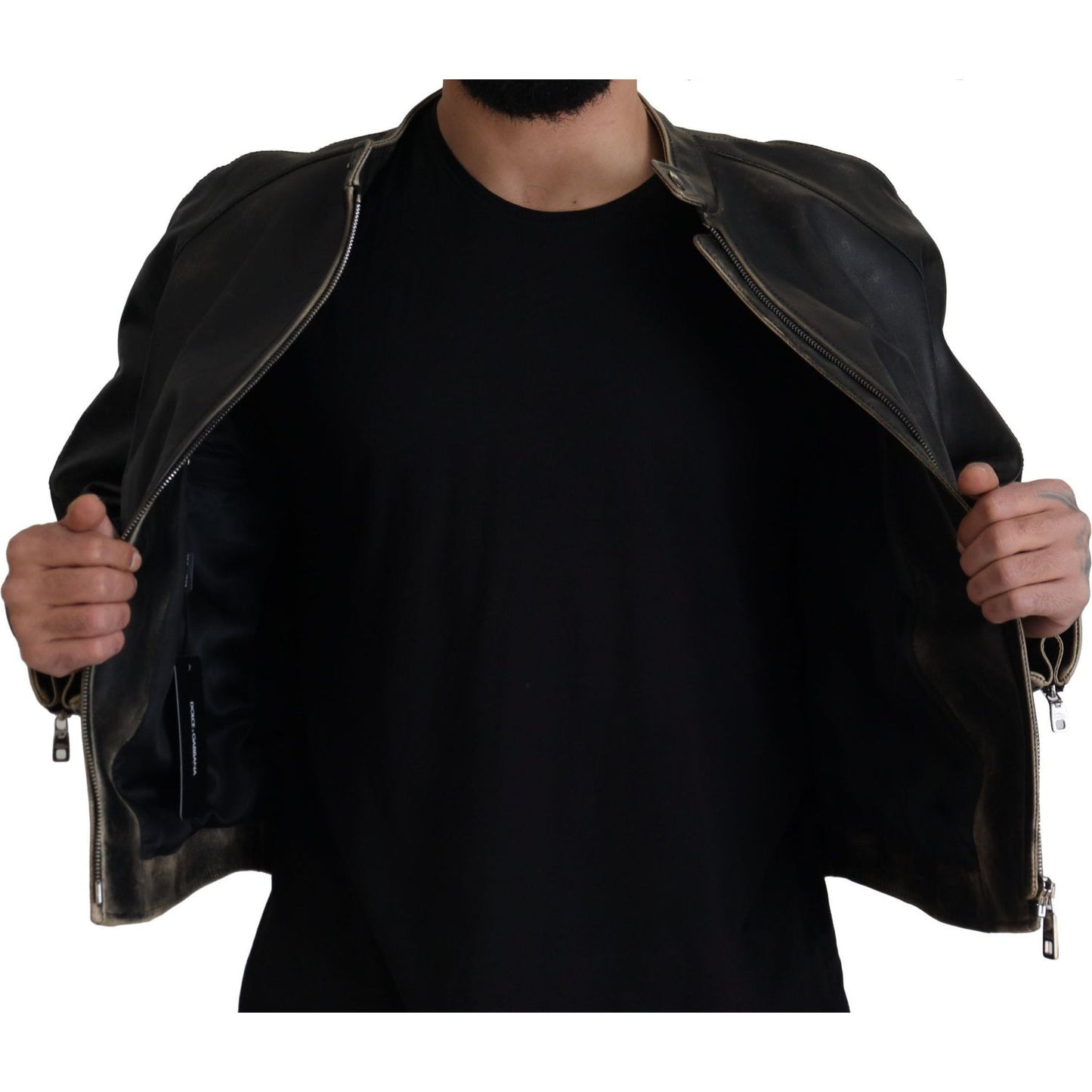 Dolce & Gabbana Elegant Black Leather Jacket with Silver Details Dolce & Gabbana