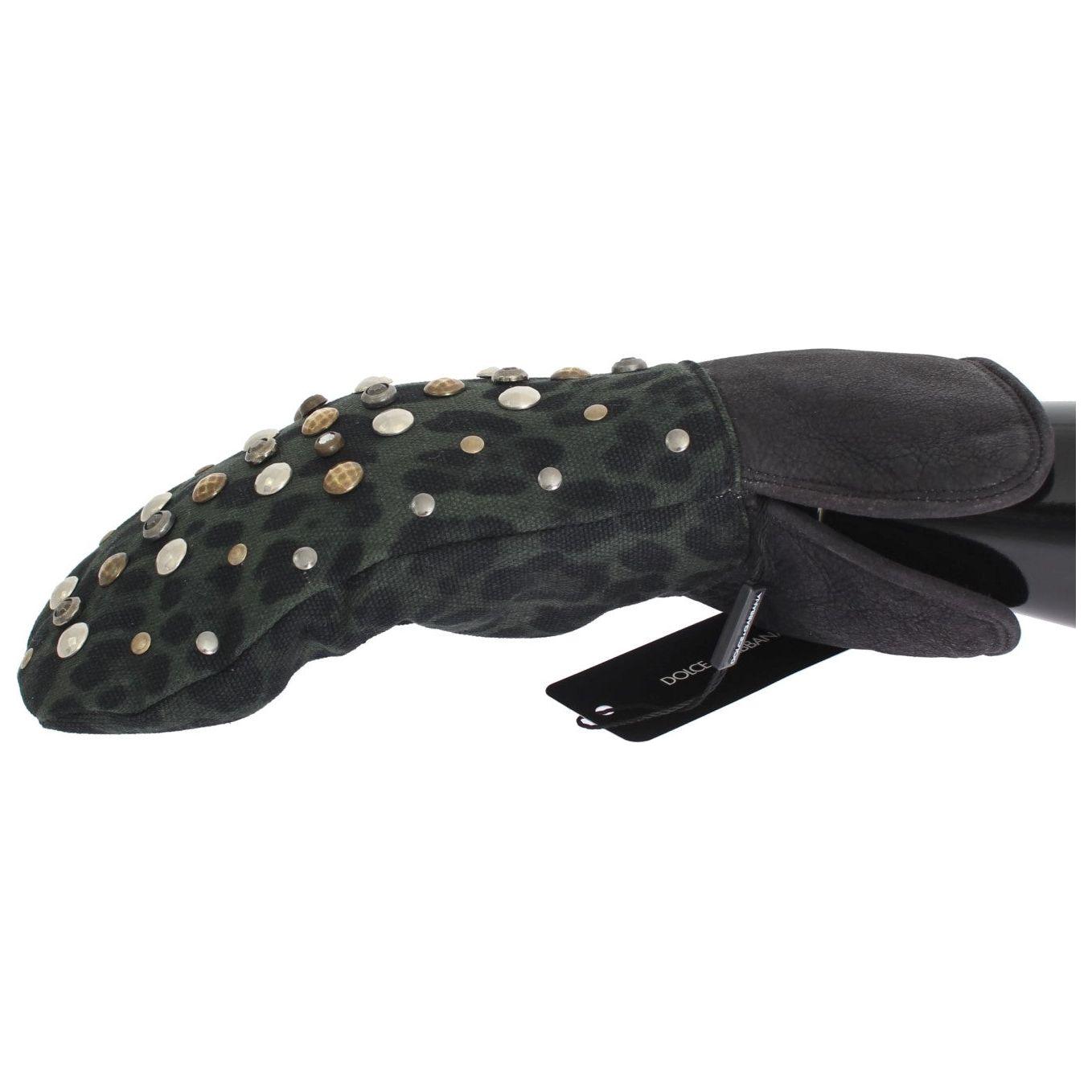 Dolce & Gabbana Gray Wool Shearling Studded Green Leopard Gloves