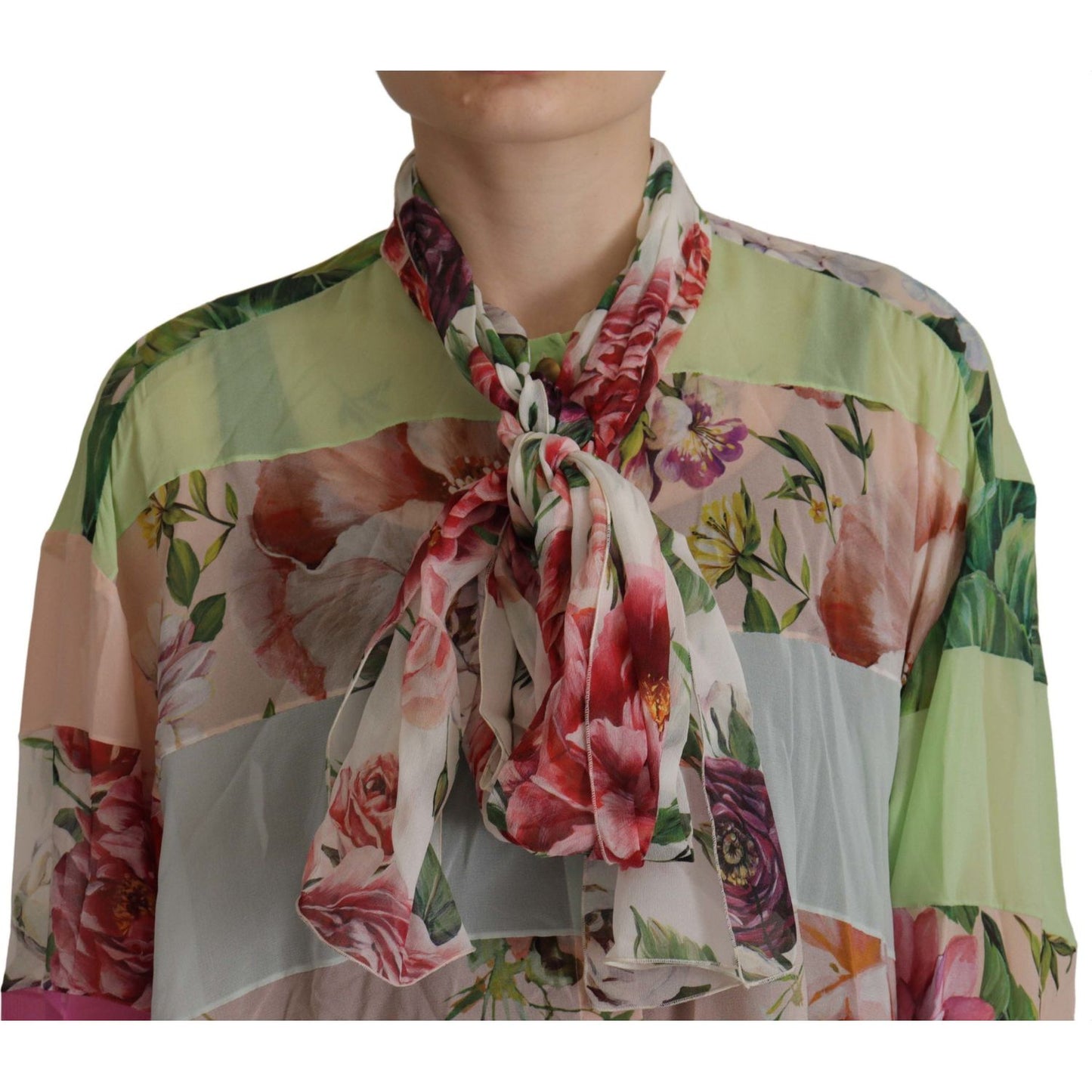 Dolce & Gabbana Multicolor Floral Patchwork Design Ascot Collar Top Blouse