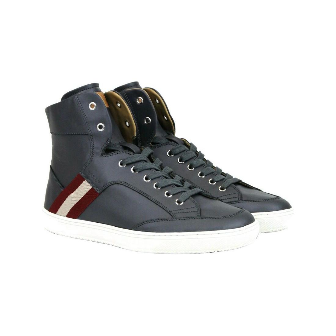 Bally Dark Grey Calf Leather Hi Top Sneaker With Red Beige Bally