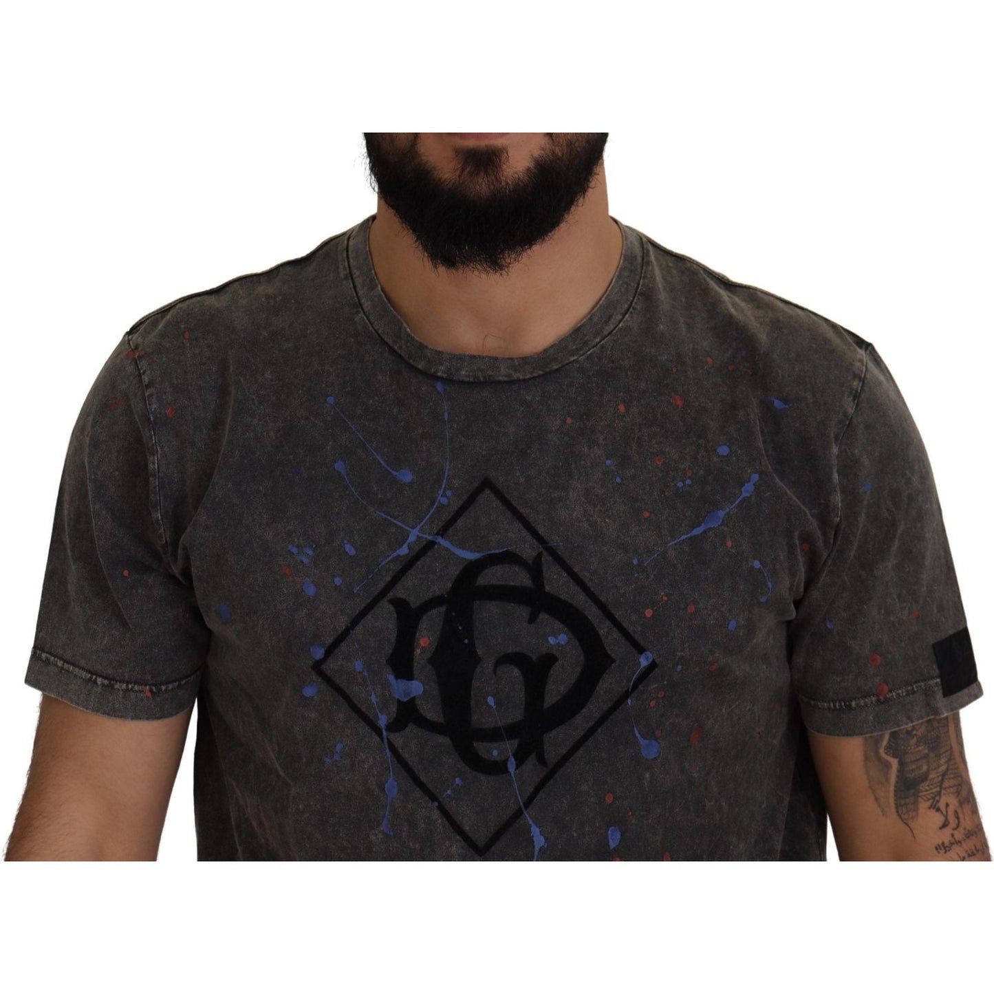 Dolce & Gabbana Elevated Grey Cotton Tee with Discolored DG Logo Dolce & Gabbana