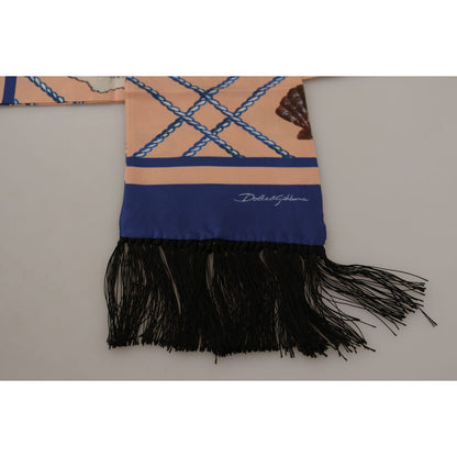 Dolce & Gabbana Multicolor Seashell Patterned DG Logo Shawl Fringe Silk Scarf