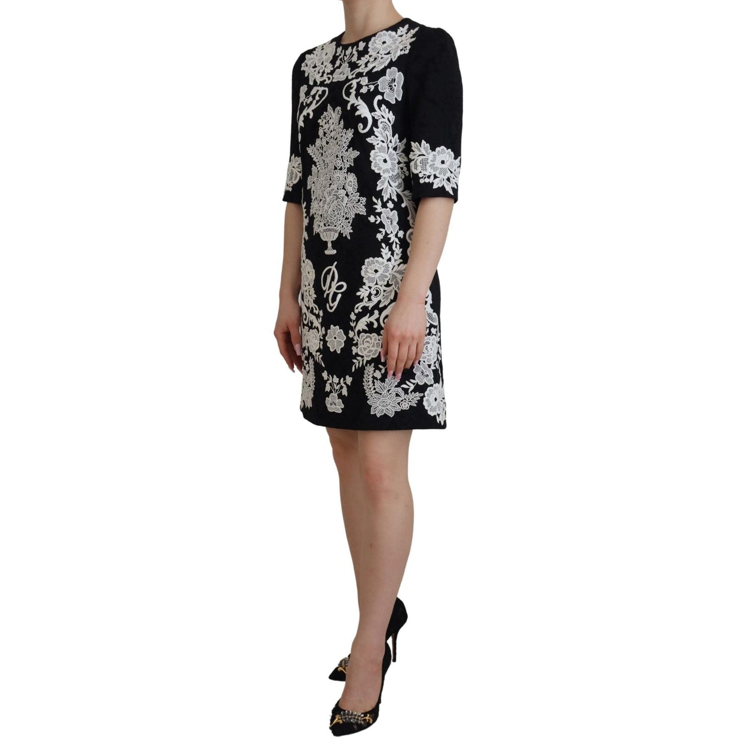 Dolce & Gabbana Black Lace Trim Half Sleeves A-line Dress
