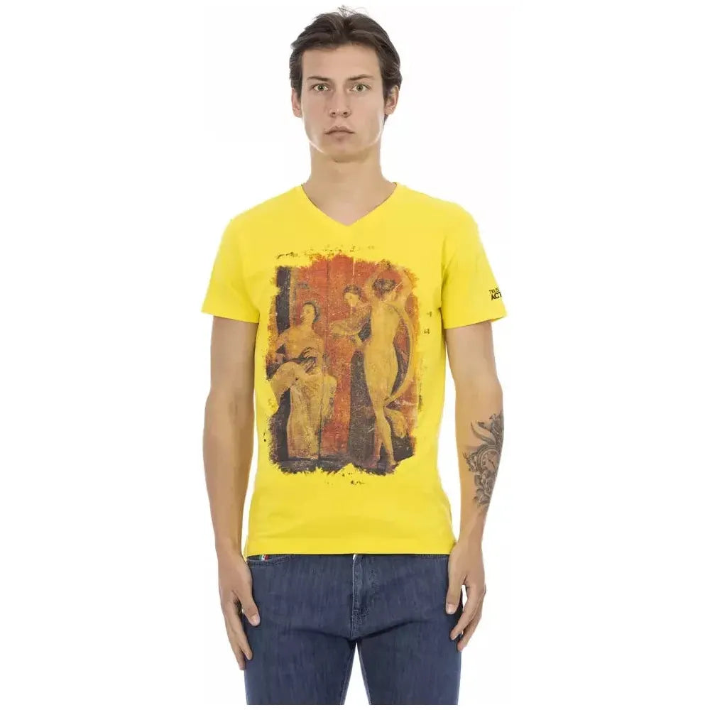 Trussardi Action Yellow Cotton Men V-Neck T-Shirt Trussardi Action Dark Khaki