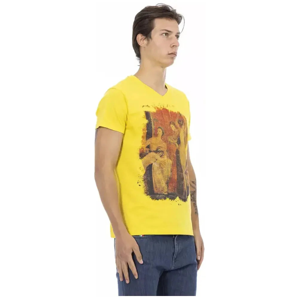 Trussardi Action Yellow Cotton Men V-Neck T-Shirt Trussardi Action Dark Khaki