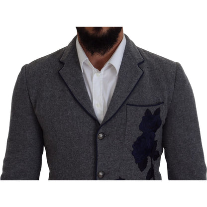 Dolce & Gabbana Gray Wool Roses Slim Fit Jacket Blazer