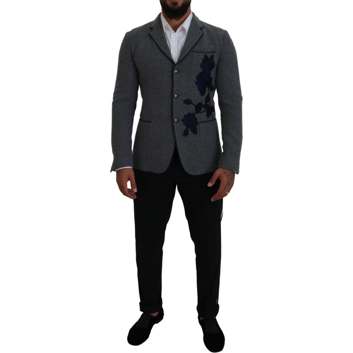 Dolce & Gabbana Gray Wool Roses Slim Fit Jacket Blazer