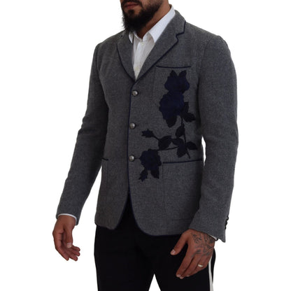 Dolce & Gabbana Gray Wool Roses Slim Fit Jacket Blazer