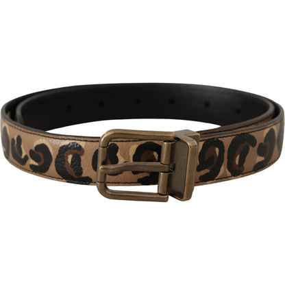 Dolce & Gabbana Brown Leather Leopard Print Bronze Metal Buckle Belt
