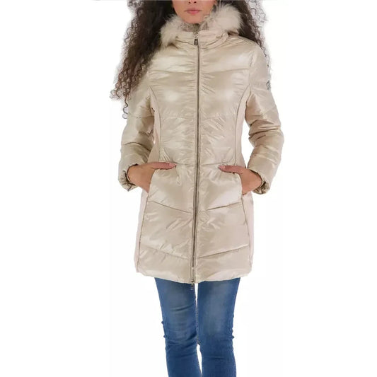 Yes Zee Elegant Beige Padded Jacket with Fur Hood Yes Zee