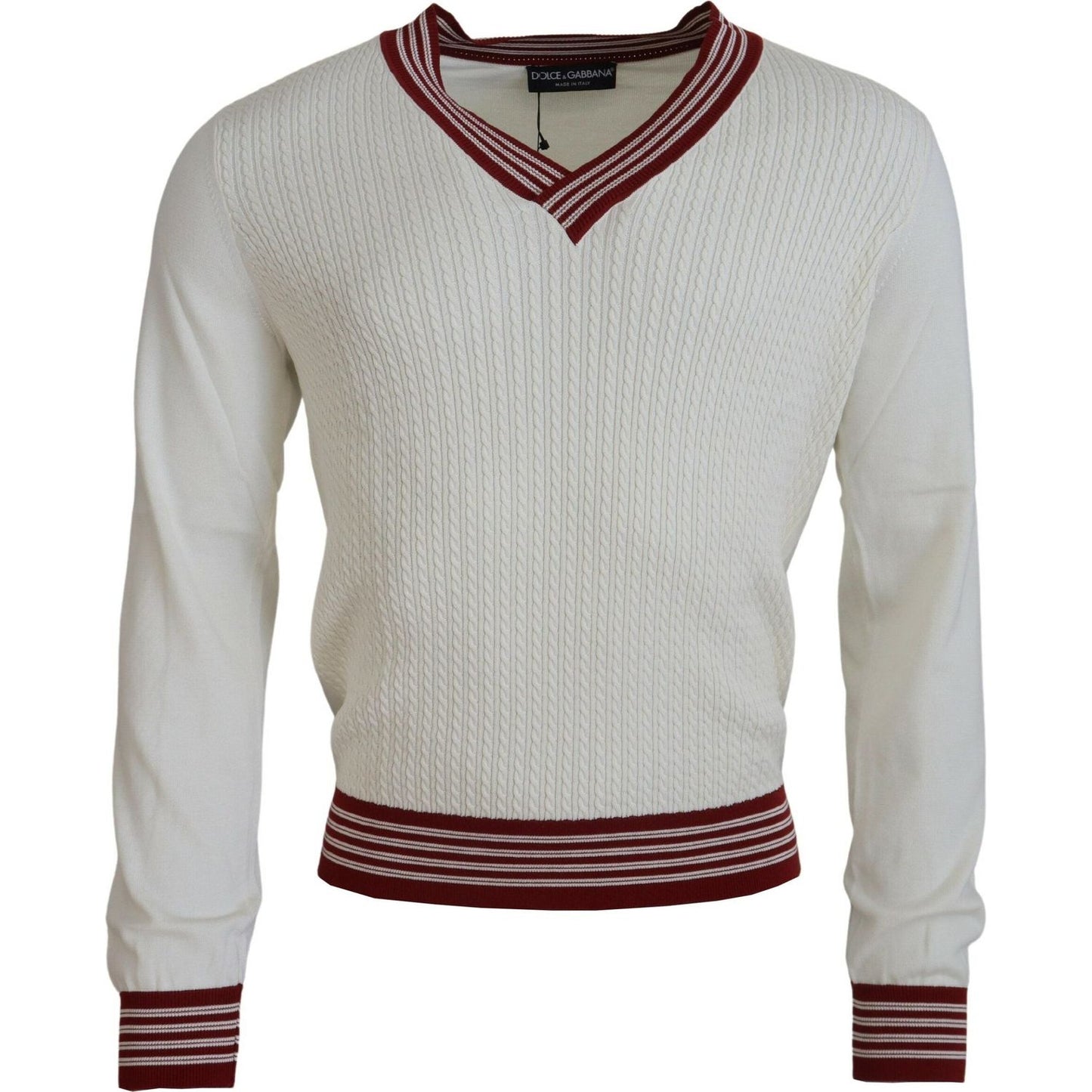 Dolce & Gabbana White Red Knitted V-neck Pullover Sweater