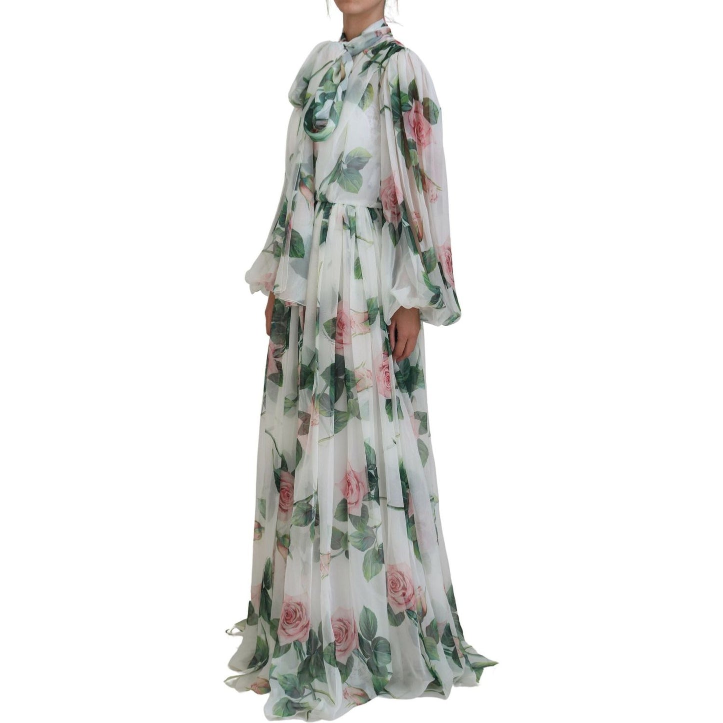 Dolce & Gabbana Elegant White Silk Maxi Dress with Rose Print Dolce & Gabbana