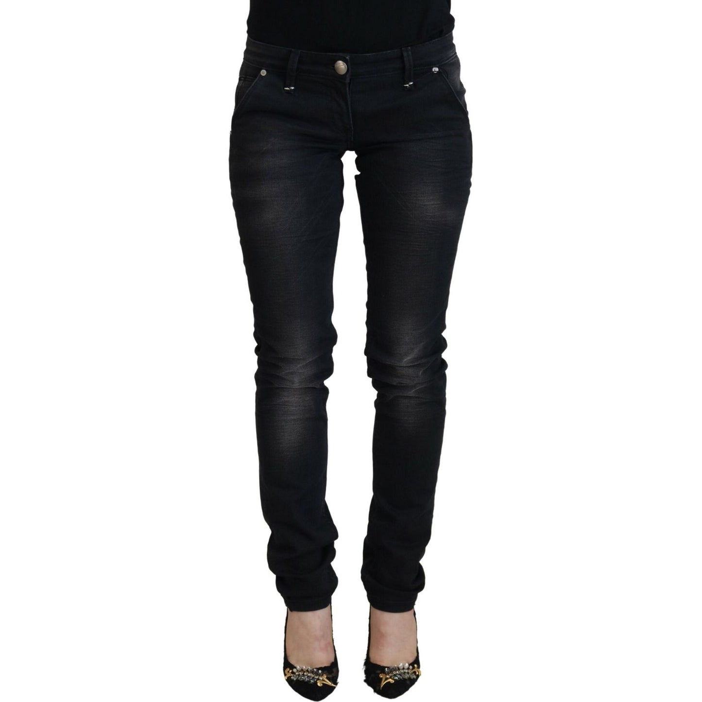 Acht Sleek Black Washed Low Waist Skinny Jeans Acht Black